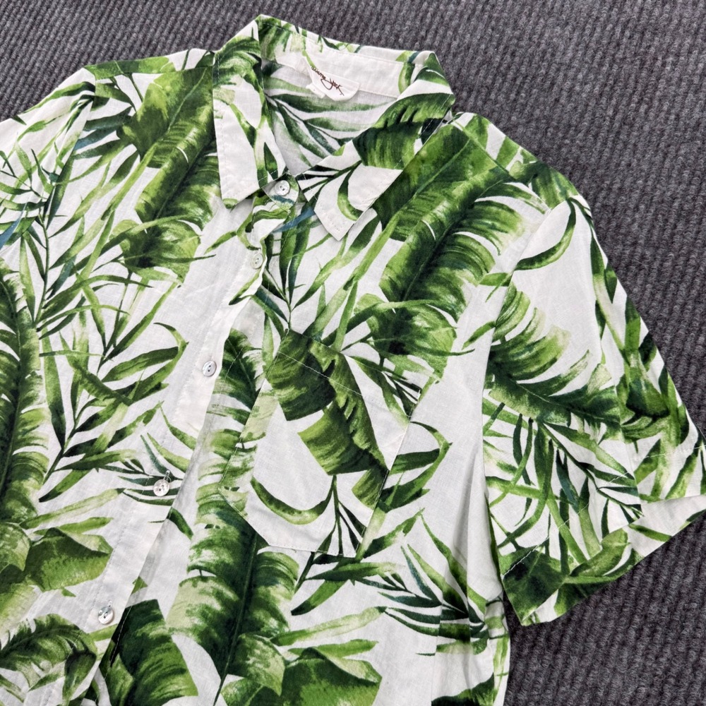 Panama Jack Womens Large Green Linen Rayon Palm Leaf Print Button Up Shirt